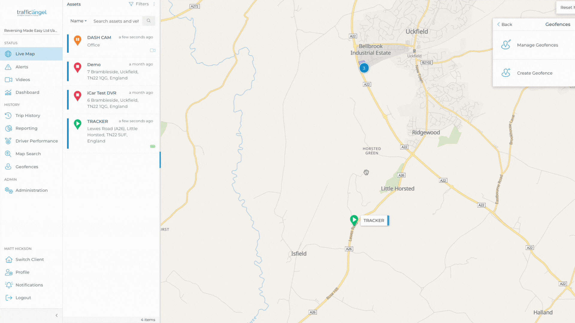Truck fleet tracking screen with route overview and alerts